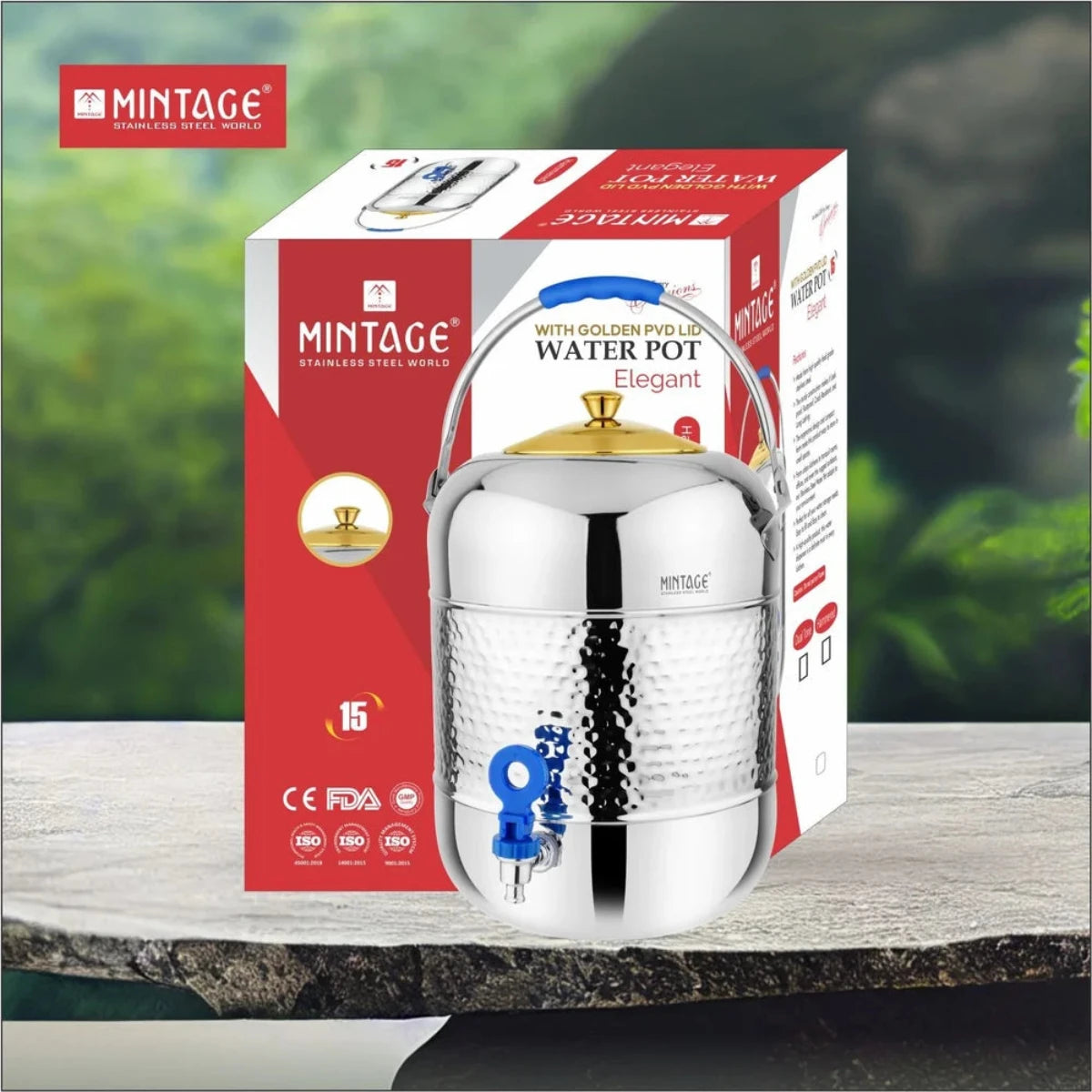 Mintage Stainless Steel 10L Water Pot Elegant Hammered With Golden PVD Lid WPEH10