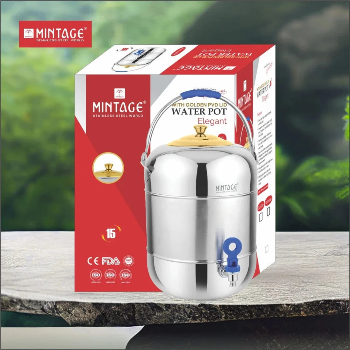 Mintage Stainless Steel 5L Water Pot Elegant Comes with Golden PVD Lid, WPE-05