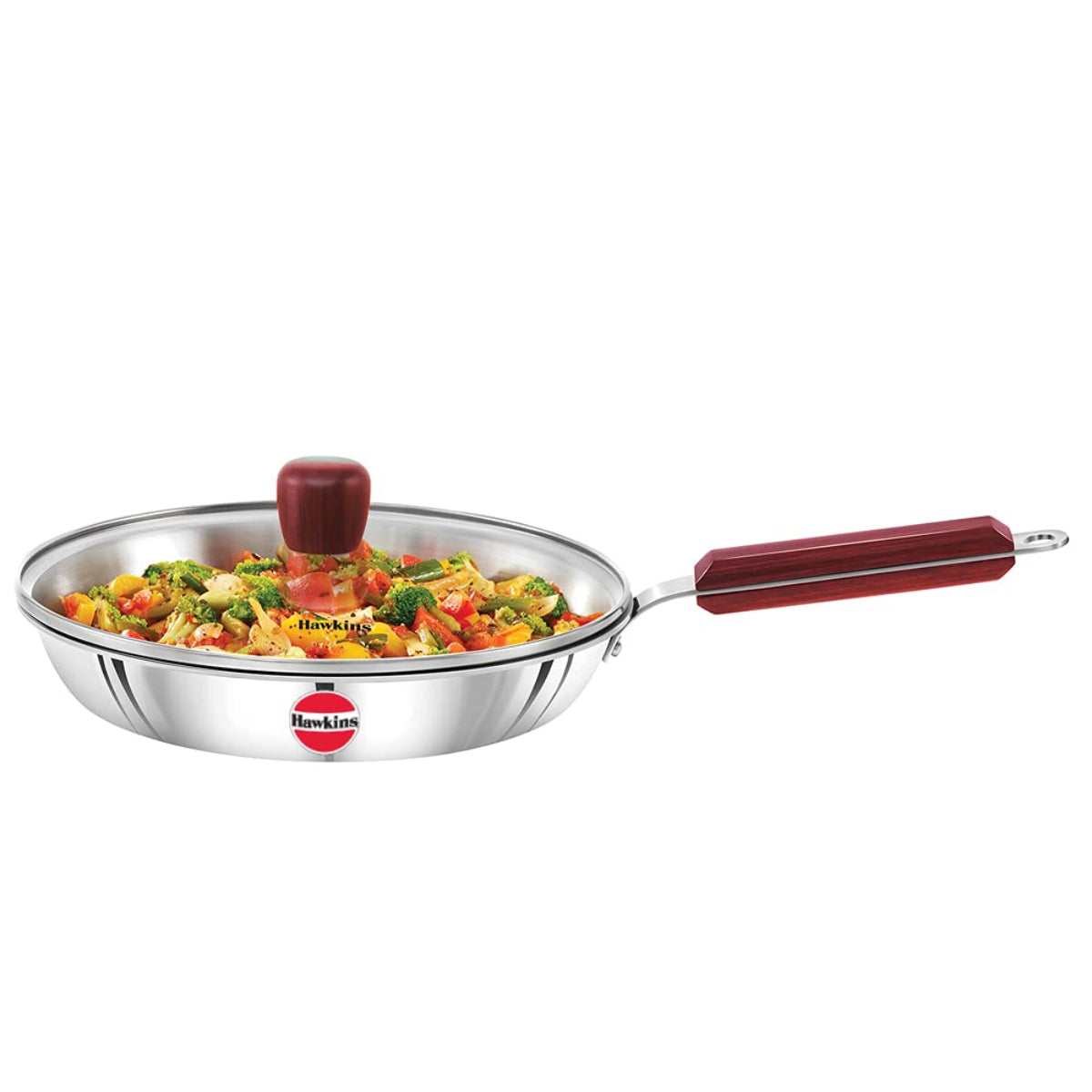 Hawkins Triply Stainless Steel Frying Pan with Glass Lid Wooden Handle Induction Compatible