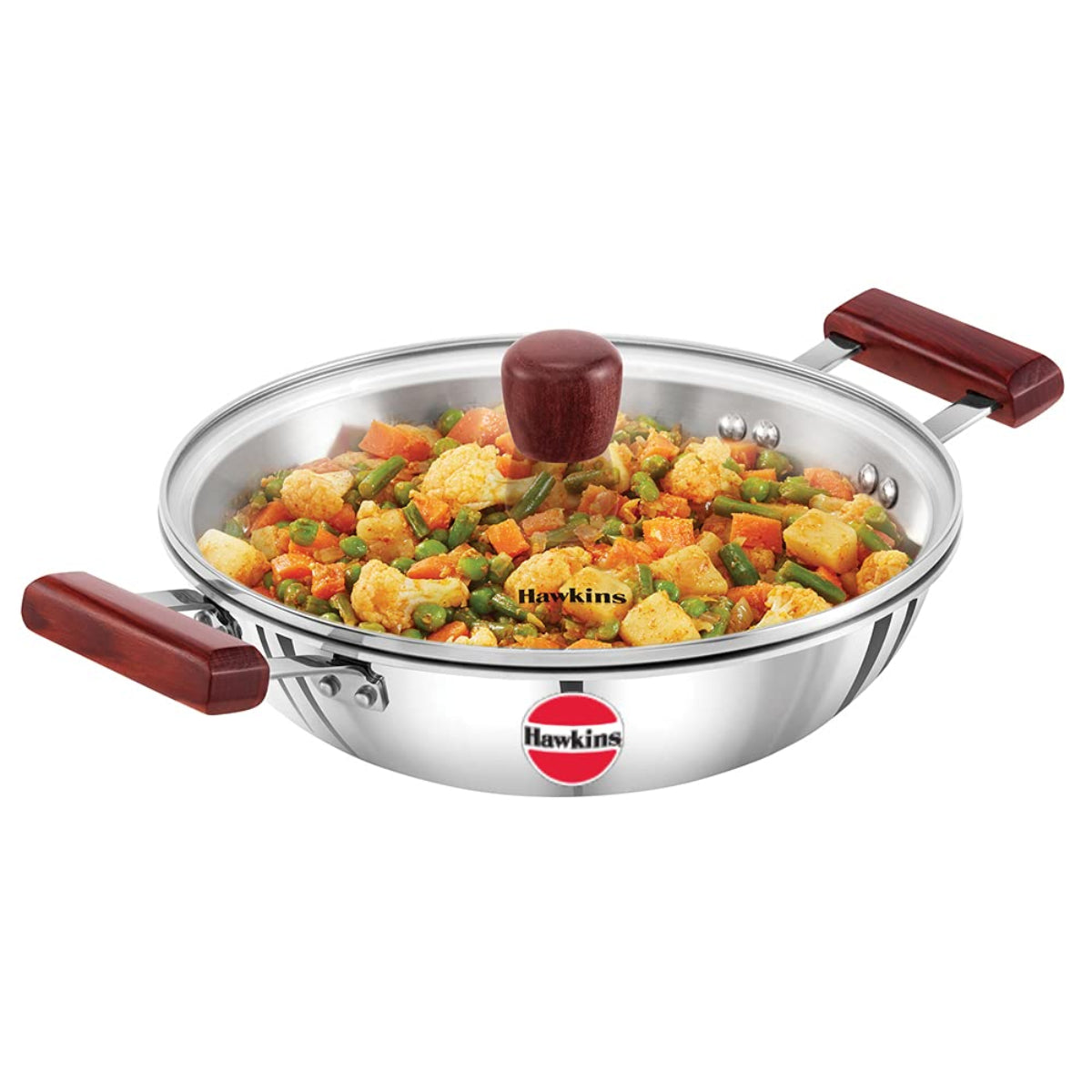 Hawkins Triply Stainless Steel Deep Fry Pan with Glass Lid & Side Wooden Handle Induction Compatible