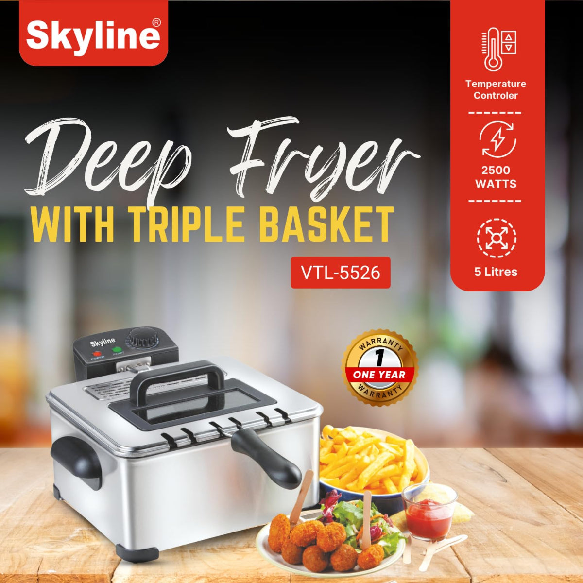 Skyline 2500 Watts, 5 Liter Deep Fryer With Triple Basket - VTL-5526