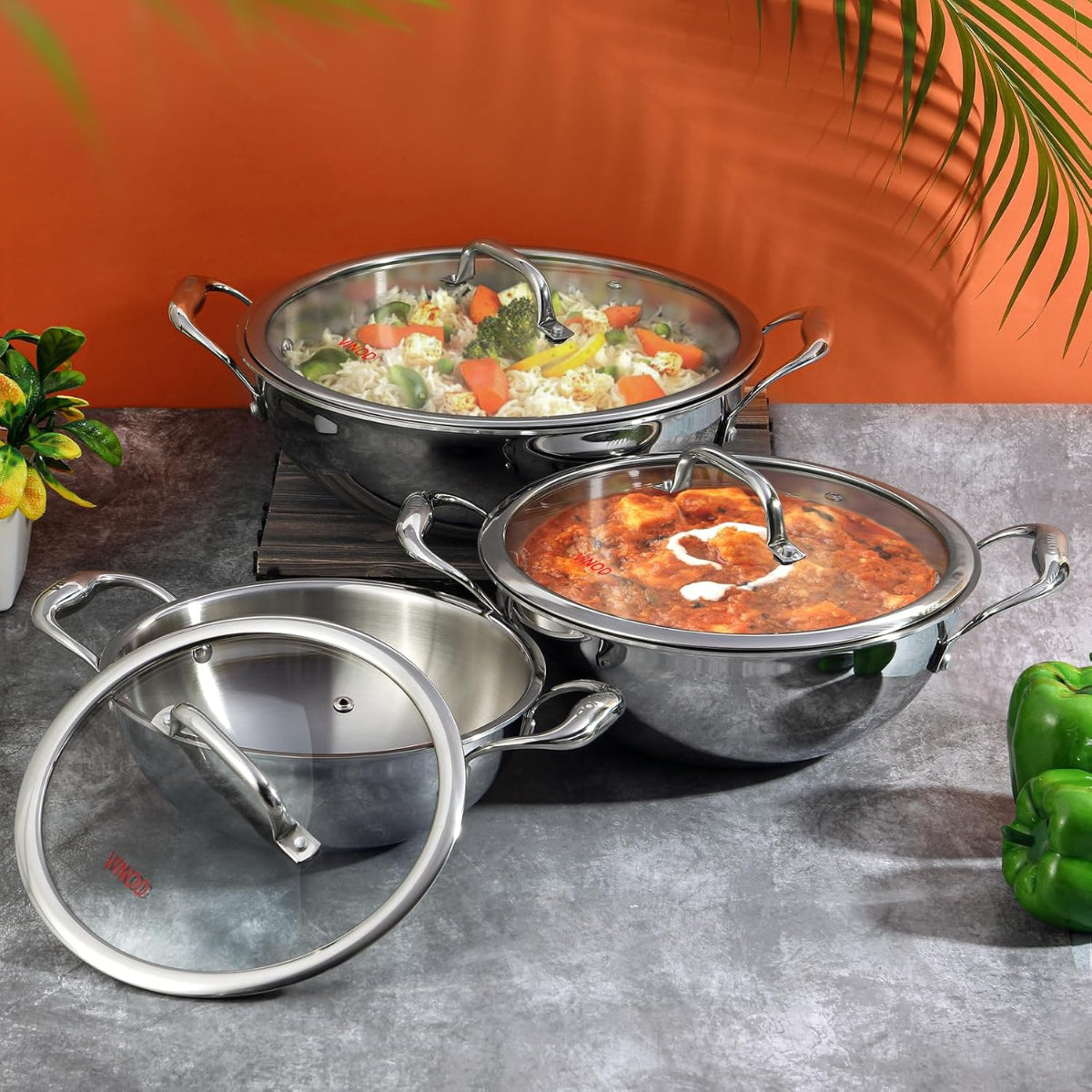 Vinod Platinum Triply Stainless Steel Extra Deep Kadhai With Glass Lid 2.5L (22 cm) Induction Base - EDPTKD22GL