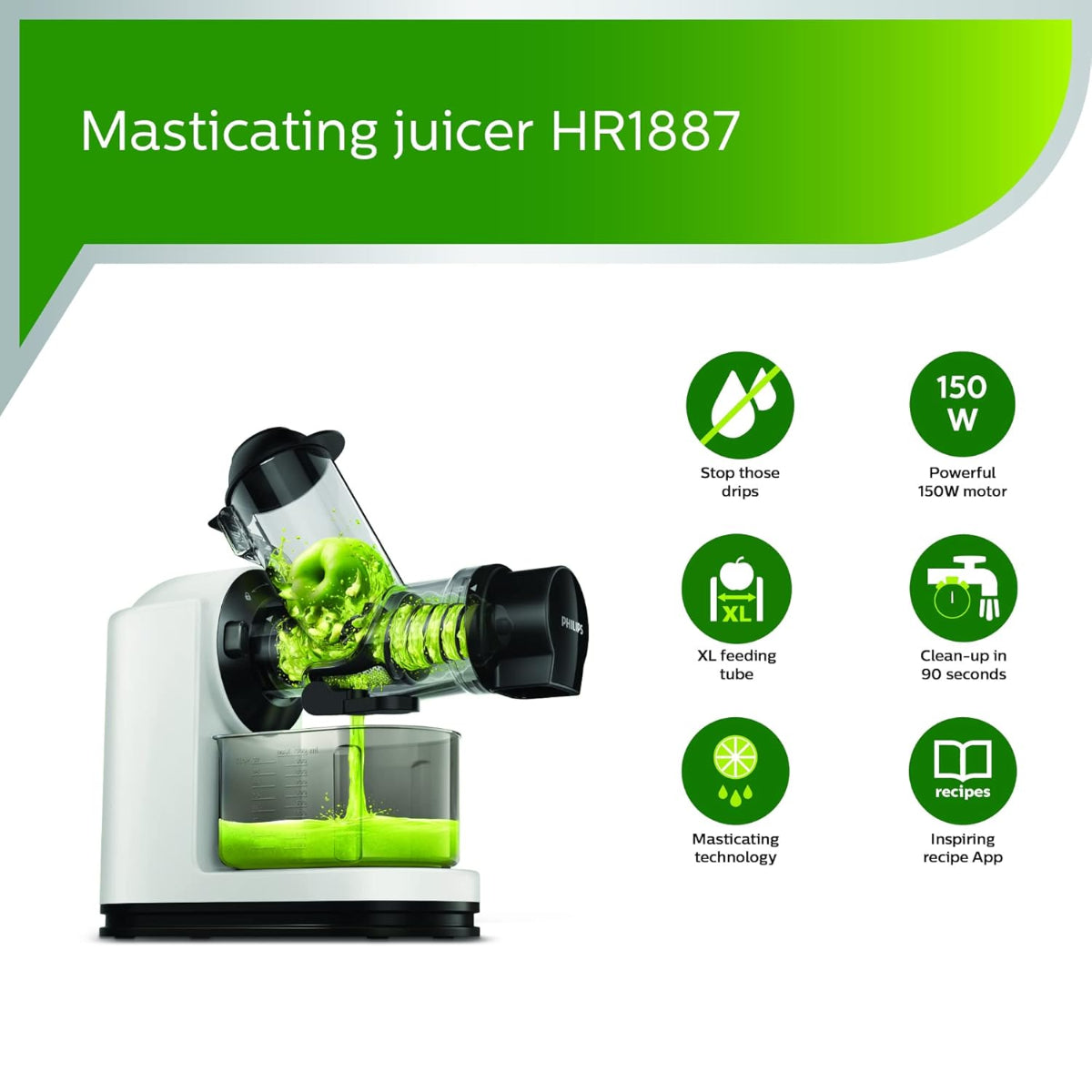 Philips Masticating Slow Juicer 150 Watt, Quick Clean, - HR1887/81