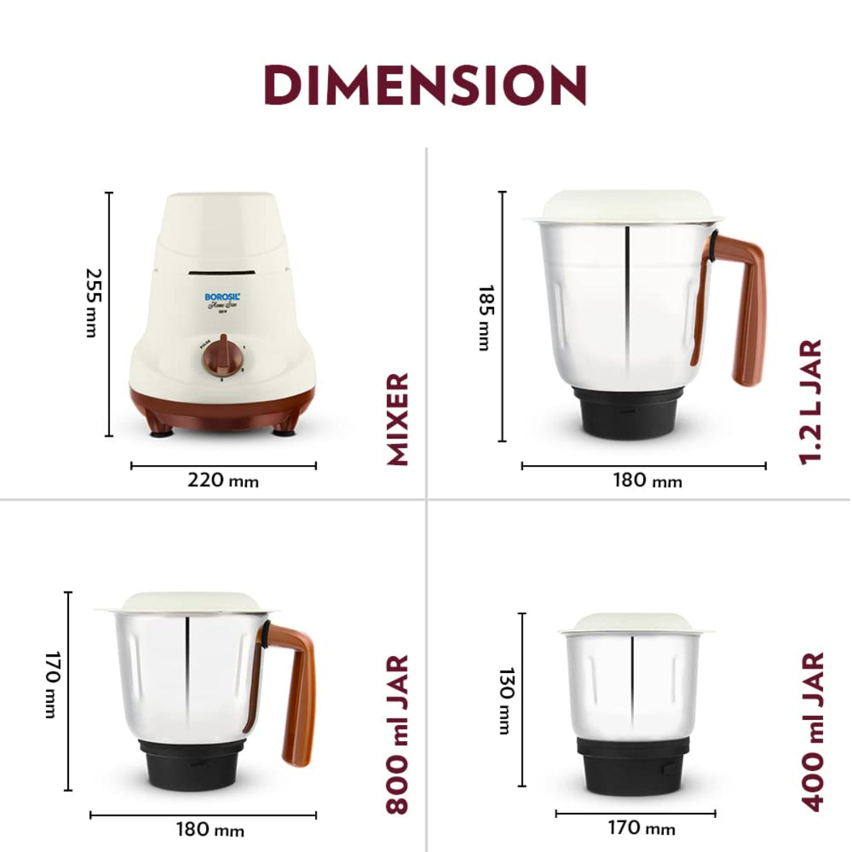 Borosil 500 Watts Home Star Mixer Grinder | 3 Stainless Steel Jars - HAMG500W22
