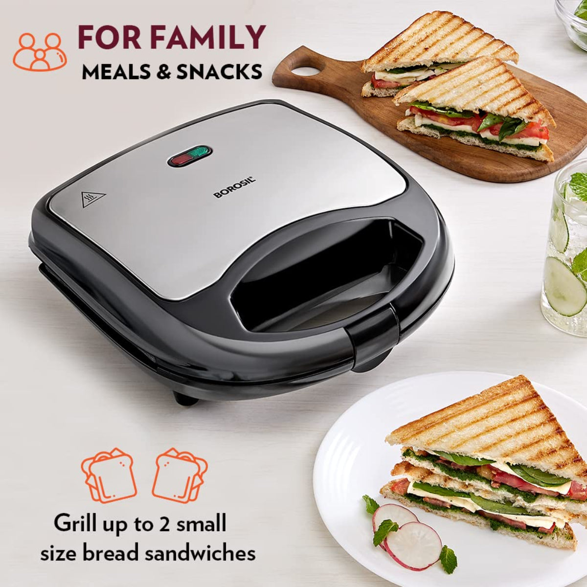 Borosil 700 Watts Neo Grill Sandwich Maker | Opens 90° , 2 Sandwich - BSM70NDG13