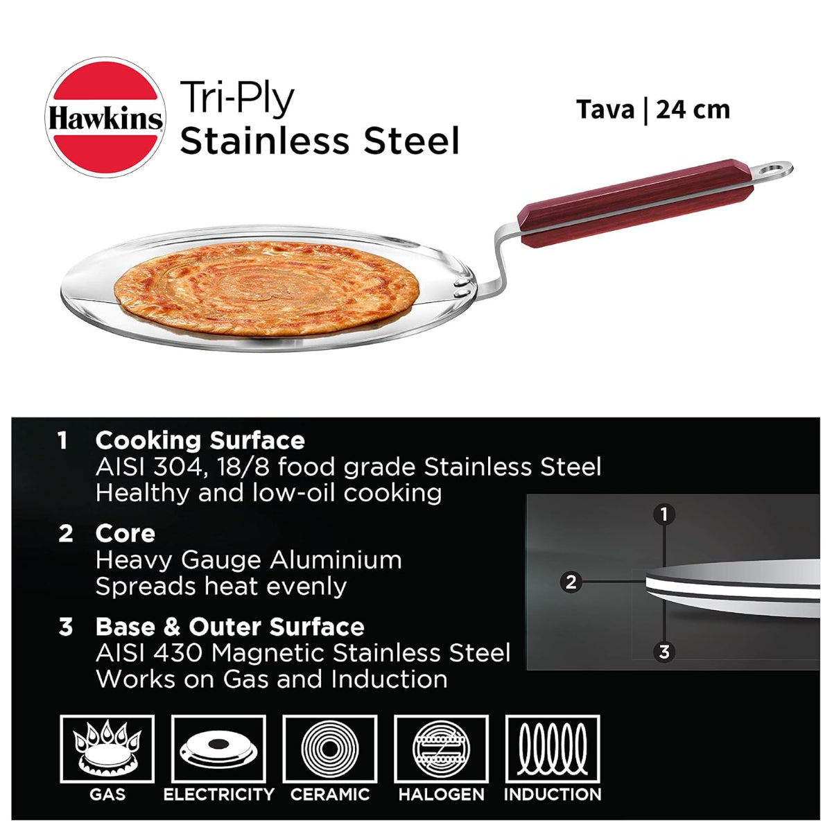 Hawkins 24 cm Triply Stainless Steel Tava with Wooden Handle, Induction Tawa - SSTV24