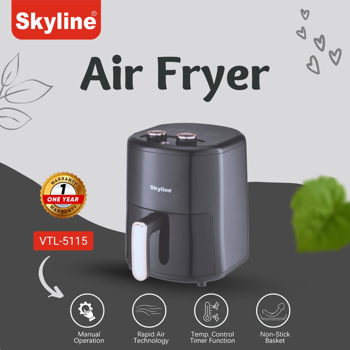 Skyline 1500 Watts, 4.2 Liter Manual Air Fryer - VTL-5115