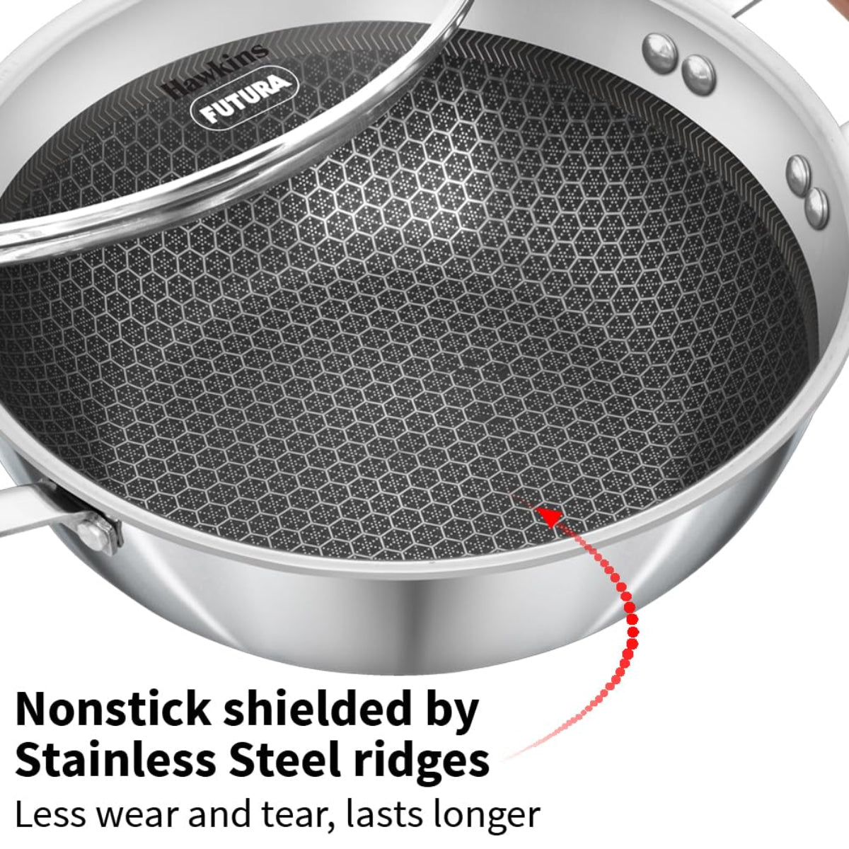 Hawkins 2.5L Triply SS Steel Shielded Nonstick Deep-Fry Pan with Glass Lid & Wooden Handle, Induction - NSDK25G