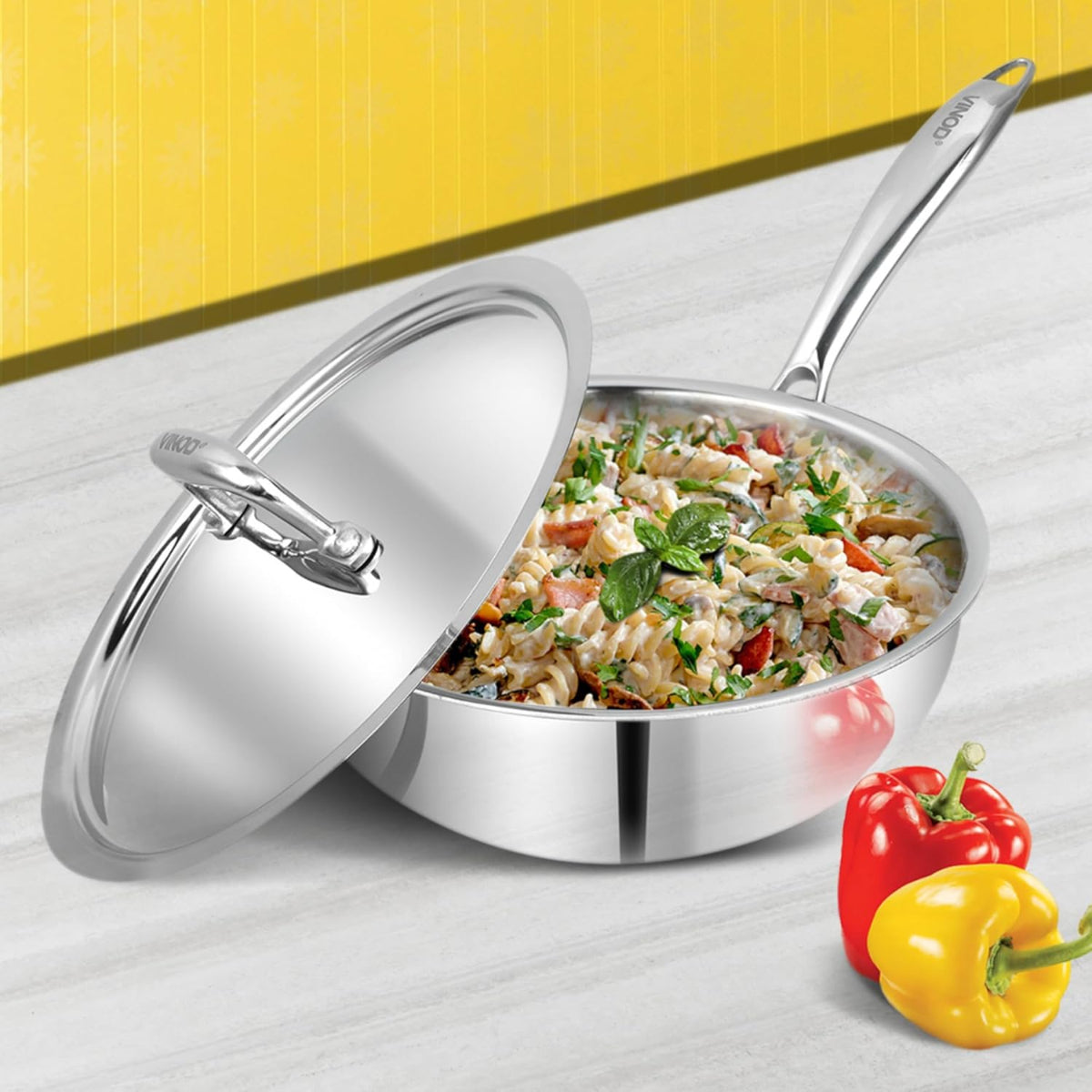 Vinod Platinum Triply Stainless Steel Deep Frypan with Stainless Steel Lid 20 cm | Induction Friendly, Silver - PTDF20