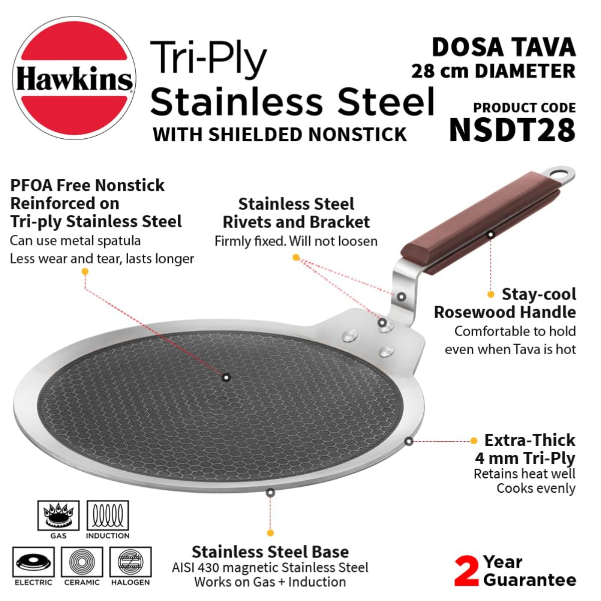 Hawkins 28 cm Dosa Tava, Triply Stainless Steel Shielded Nonstick Tawa with Wood Handle, Induction - NSDT28