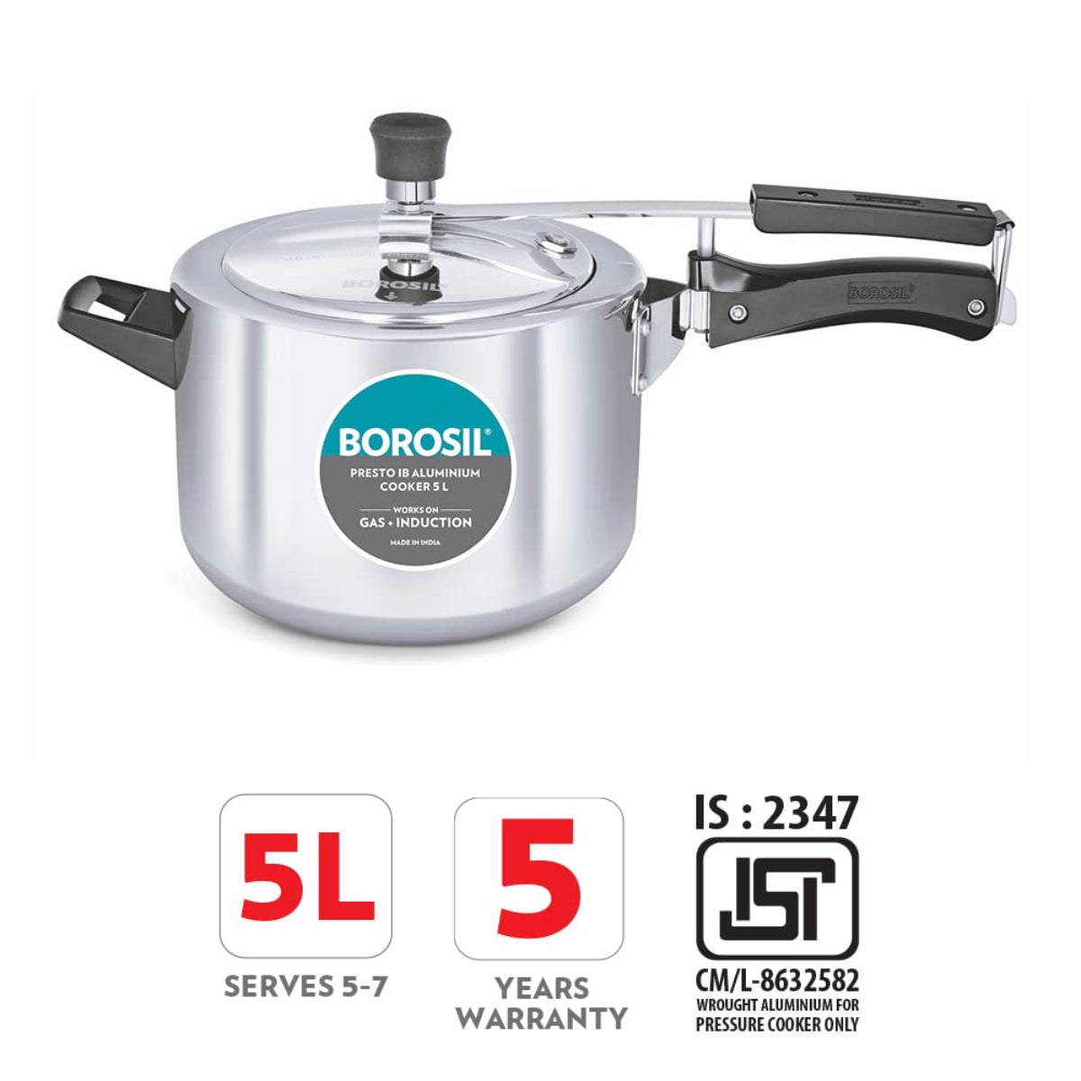 Borosil Presto Aluminum 5 Liter Inner Lid Pressure Cooker, Induction Base - CFPC5LAL03