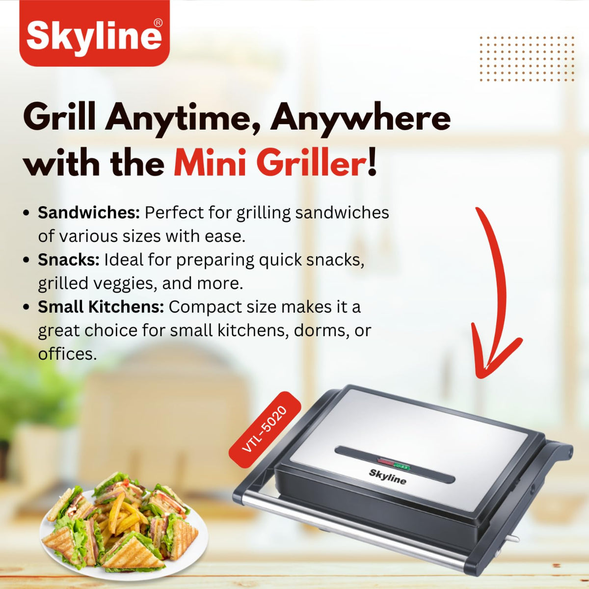 Skyline 1200W Mini Griller with Non-Stick Plates & Cool Touch Handle - VTL-5020