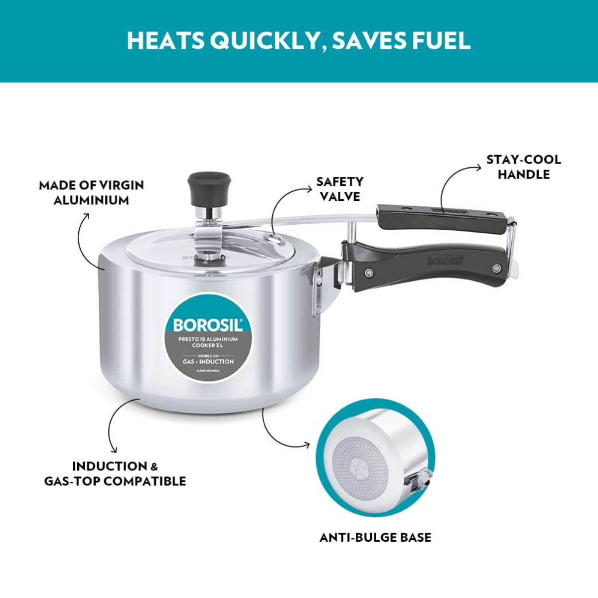 Borosil Presto Aluminum 3 Liter Inner Lid Pressure Cooker, Induction Base - CFPC3LAL02