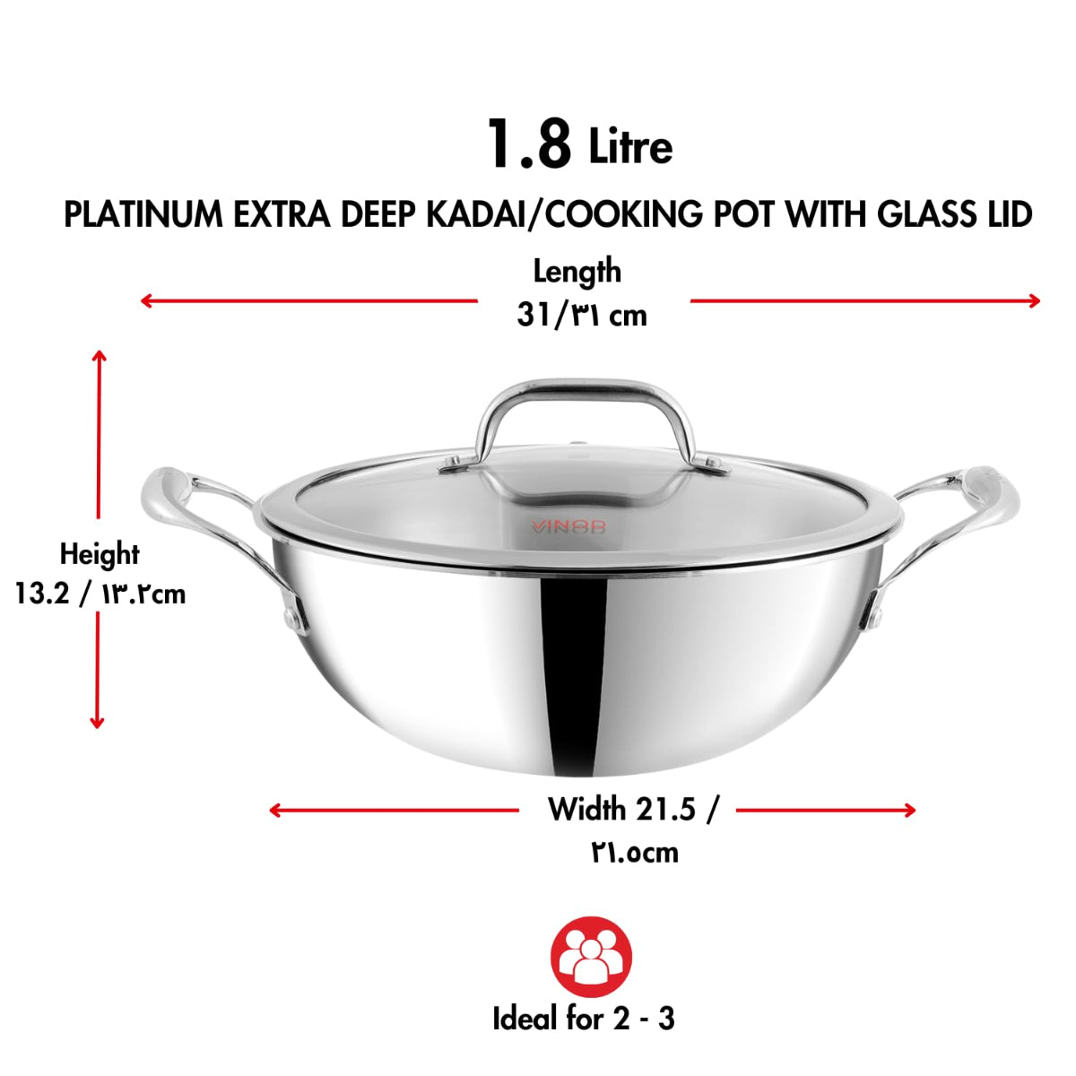 Vinod Platinum Triply Stainless Steel Extra Deep Kadhai With Glass Lid 1.8L (20 cm) Induction Base - EDPTKD20GL