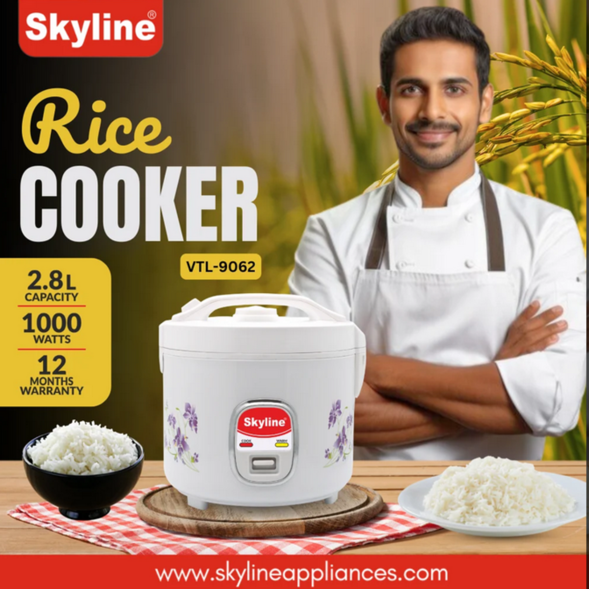 Skyline 1000 Watts, 2.8 Liter Full Body Rice Cooker, Digital Controls - VTL-9062