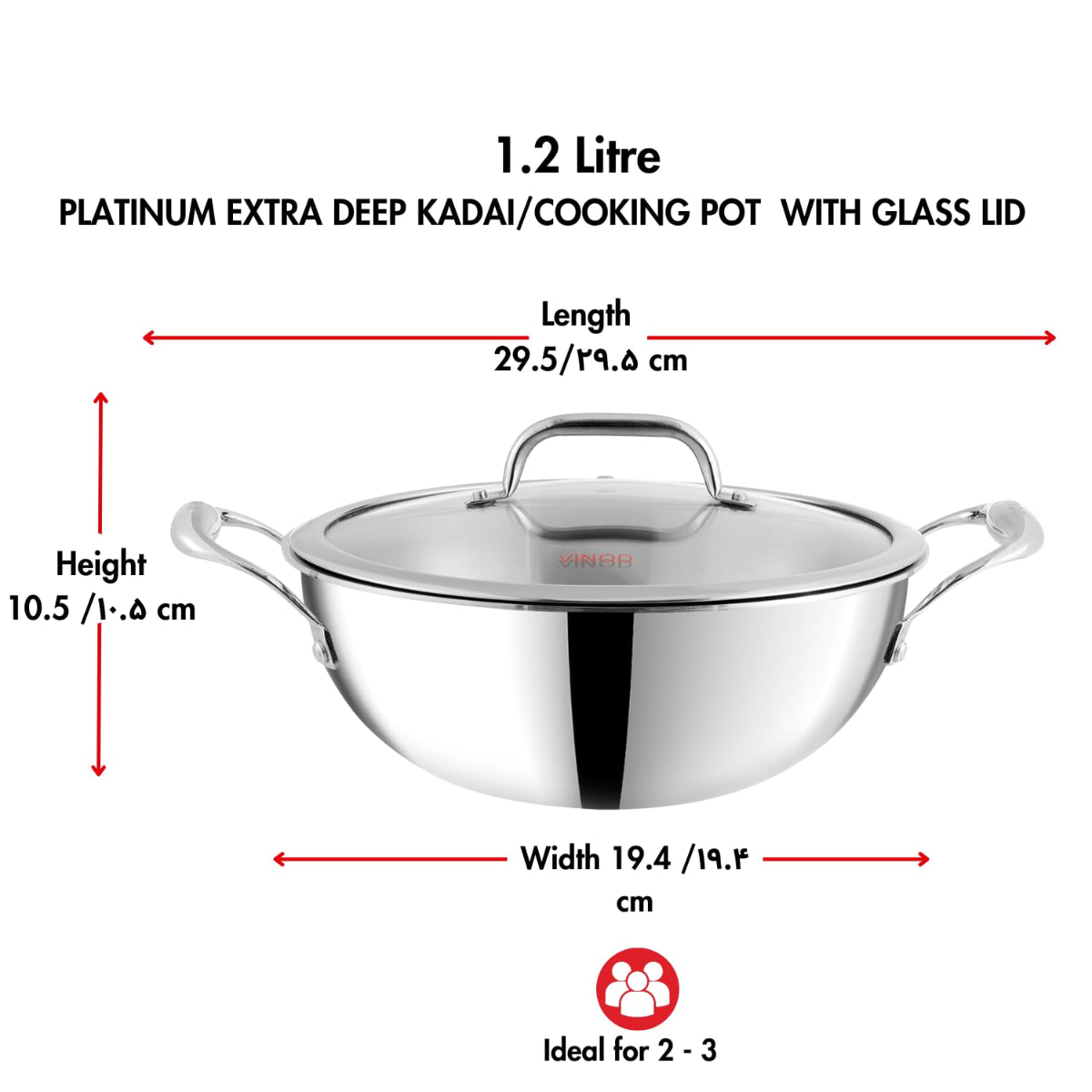 Vinod Platinum Triply Stainless Steel Extra Deep Kadhai With Glass Lid 1.2L (18 cm) Induction Base - EDPTKD18GL