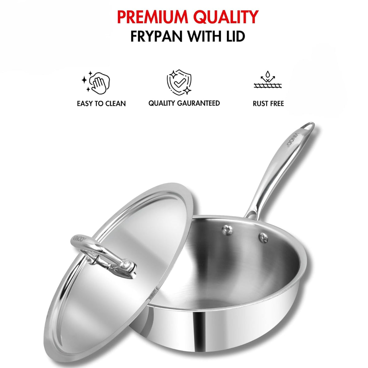 Vinod Platinum Triply Stainless Steel Deep Frypan with Stainless Steel Lid 20 cm | Induction Friendly, Silver - PTDF20