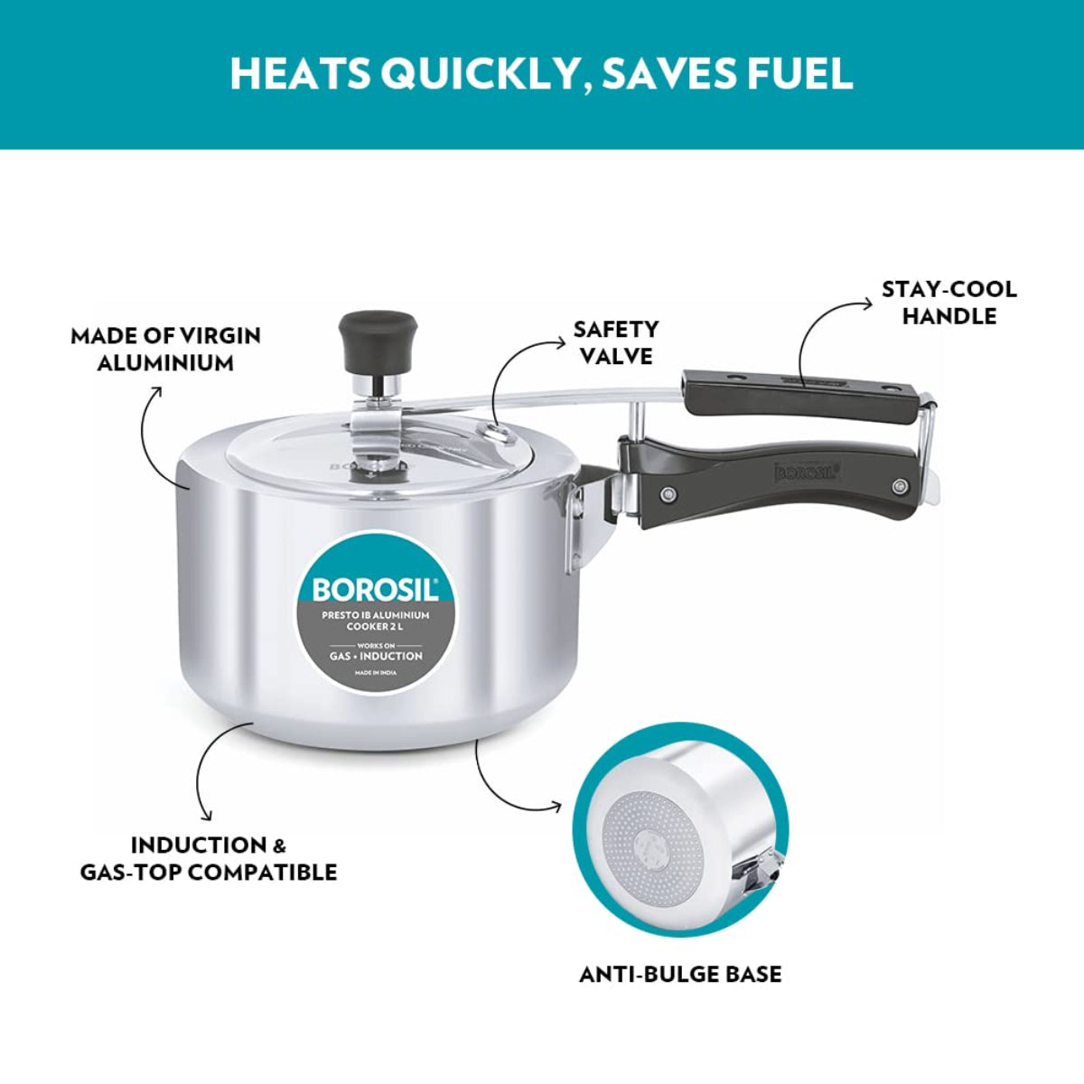 Borosil Presto Aluminum 2 Liter Inner Lid Pressure Cooker, Induction Base - CFPC2LAL01