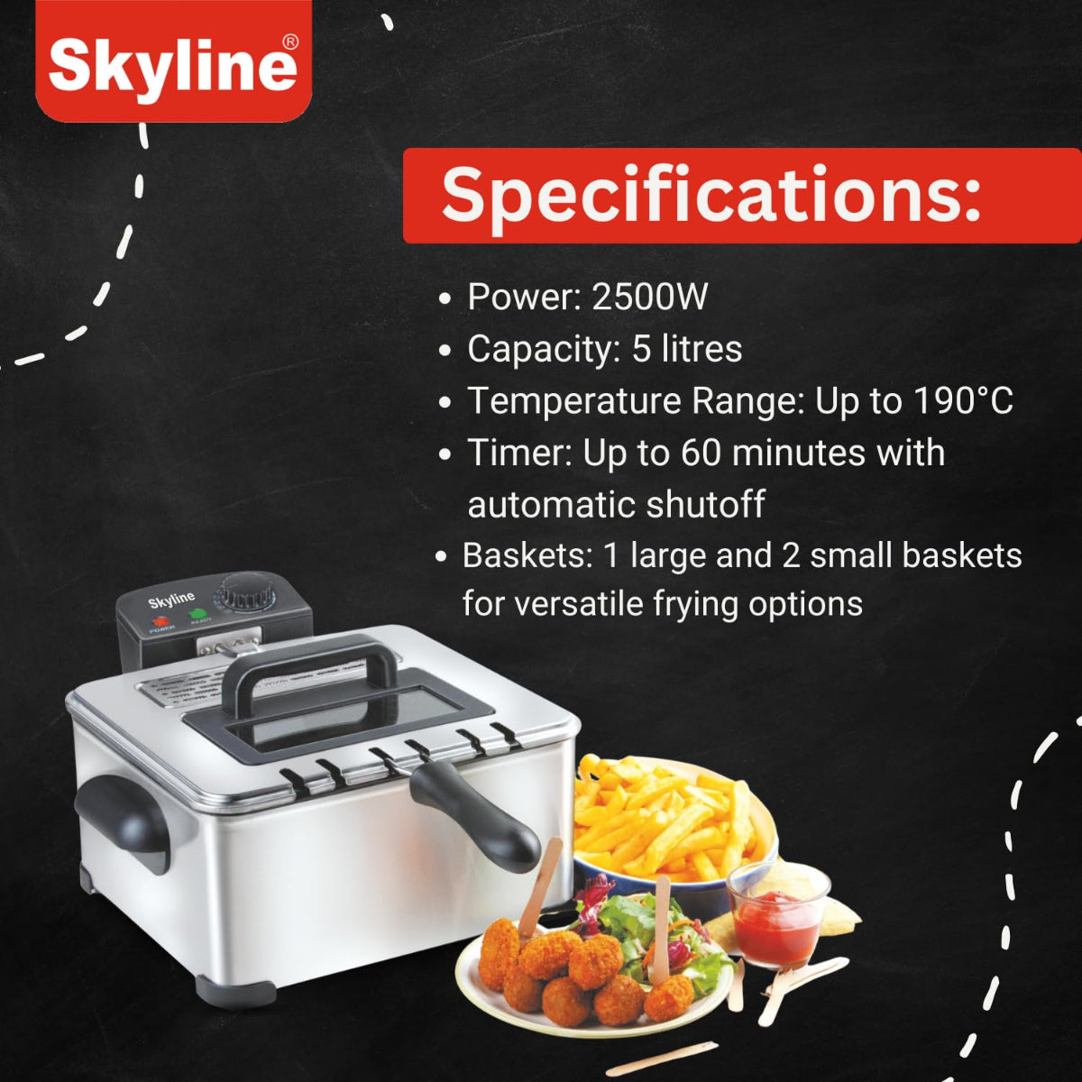 Skyline 2500 Watts, 5 Liter Deep Fryer With Triple Basket - VTL-5526