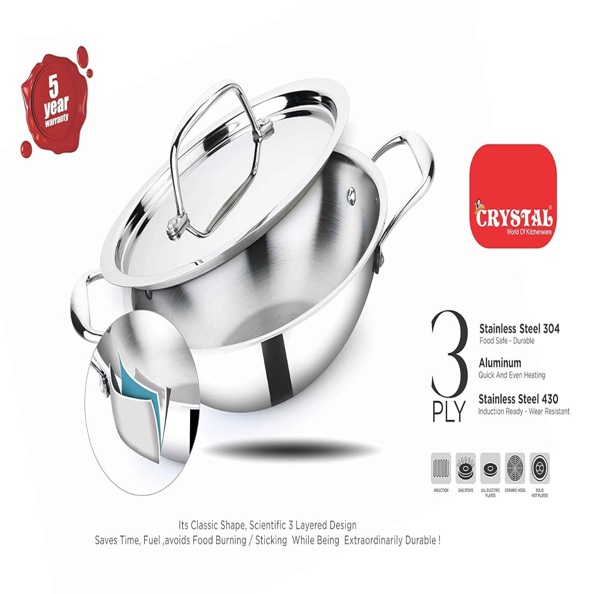 Crystal TriPro - Triply Stainless Steel 20 cm Kadai with SS Lid, Induction Base - CTP-KD-002