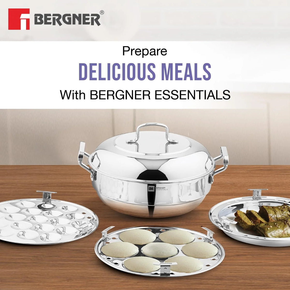 Bergner Essentials Triply Stainless Steel 27cm Multi Kadhai with 6 Plates - Induction Compatible - 6308