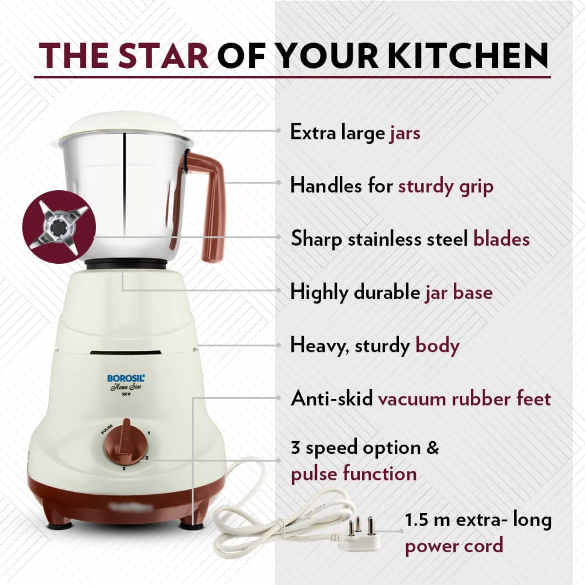Borosil 500 Watts Home Star Mixer Grinder | 3 Stainless Steel Jars - HAMG500W22