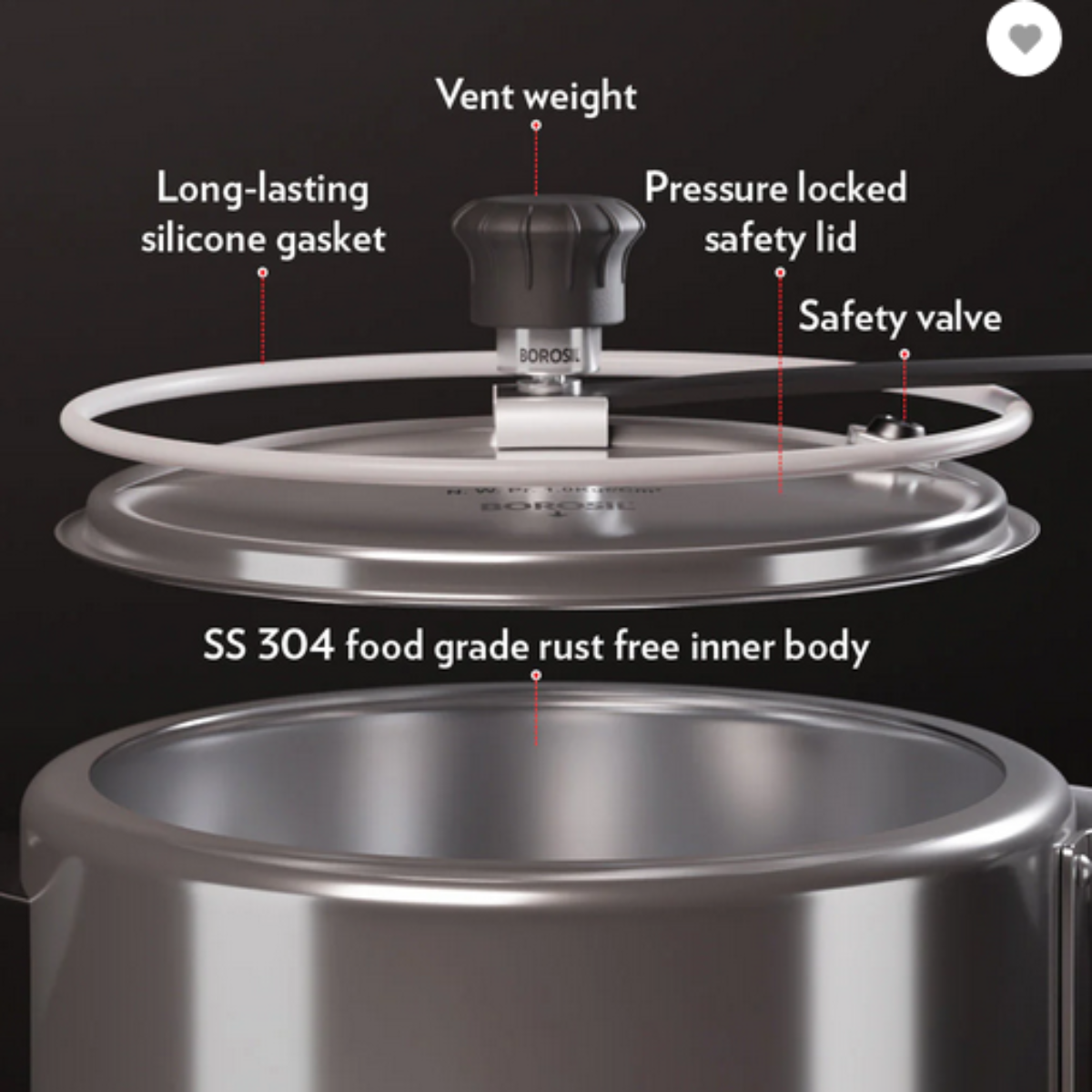 Borosil Pronto Triply Stainless Steel Inner Lid 3.5L Pressure Cooker, Induction - CFTPLYILC08