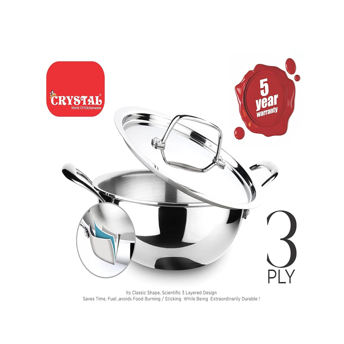 Crystal TriPro - Triply Stainless Steel Extra Deep Kadai with SS Lid 24 cm, Induction - CTP-EKD-002