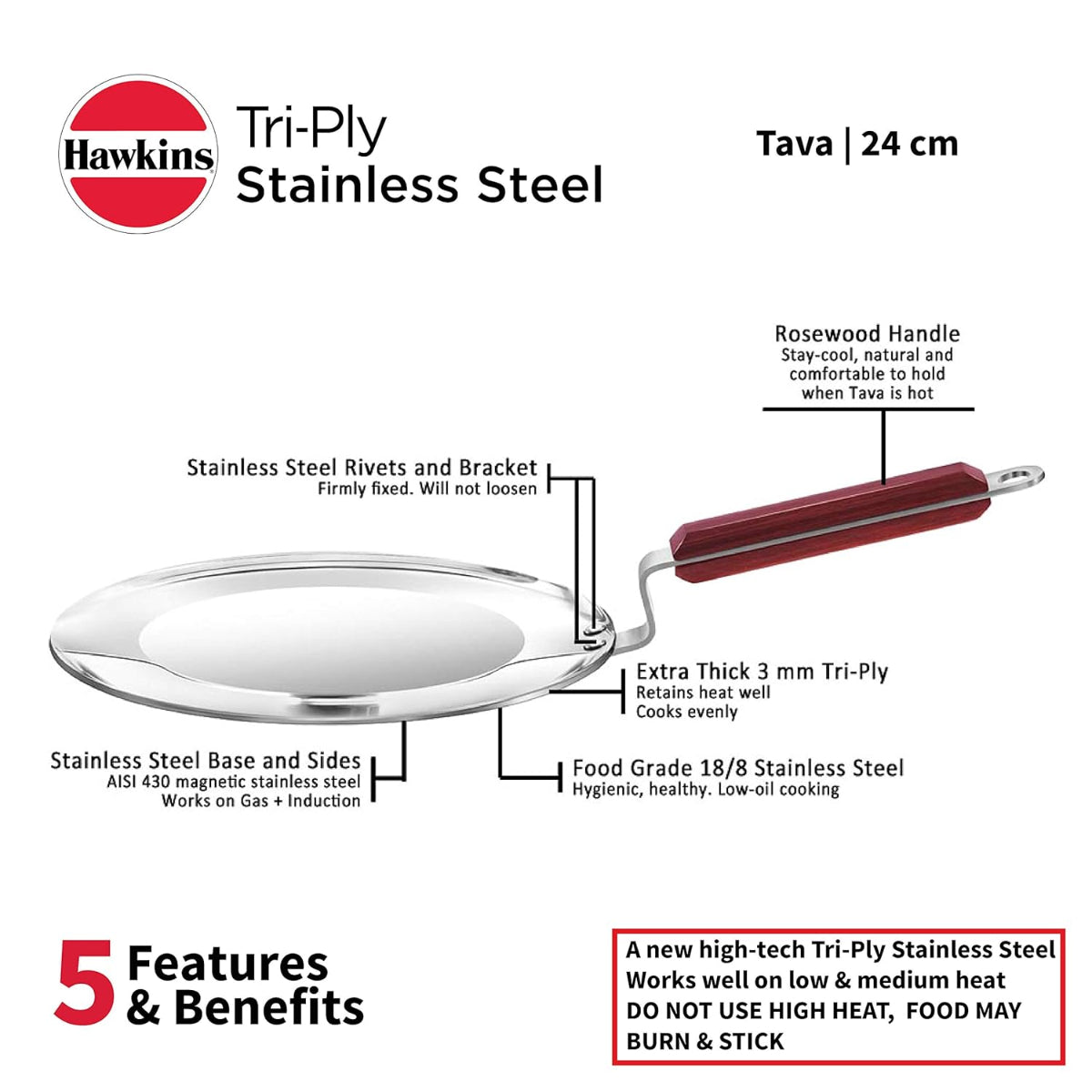 Hawkins 24 cm Triply Stainless Steel Tava with Wooden Handle, Induction Tawa - SSTV24