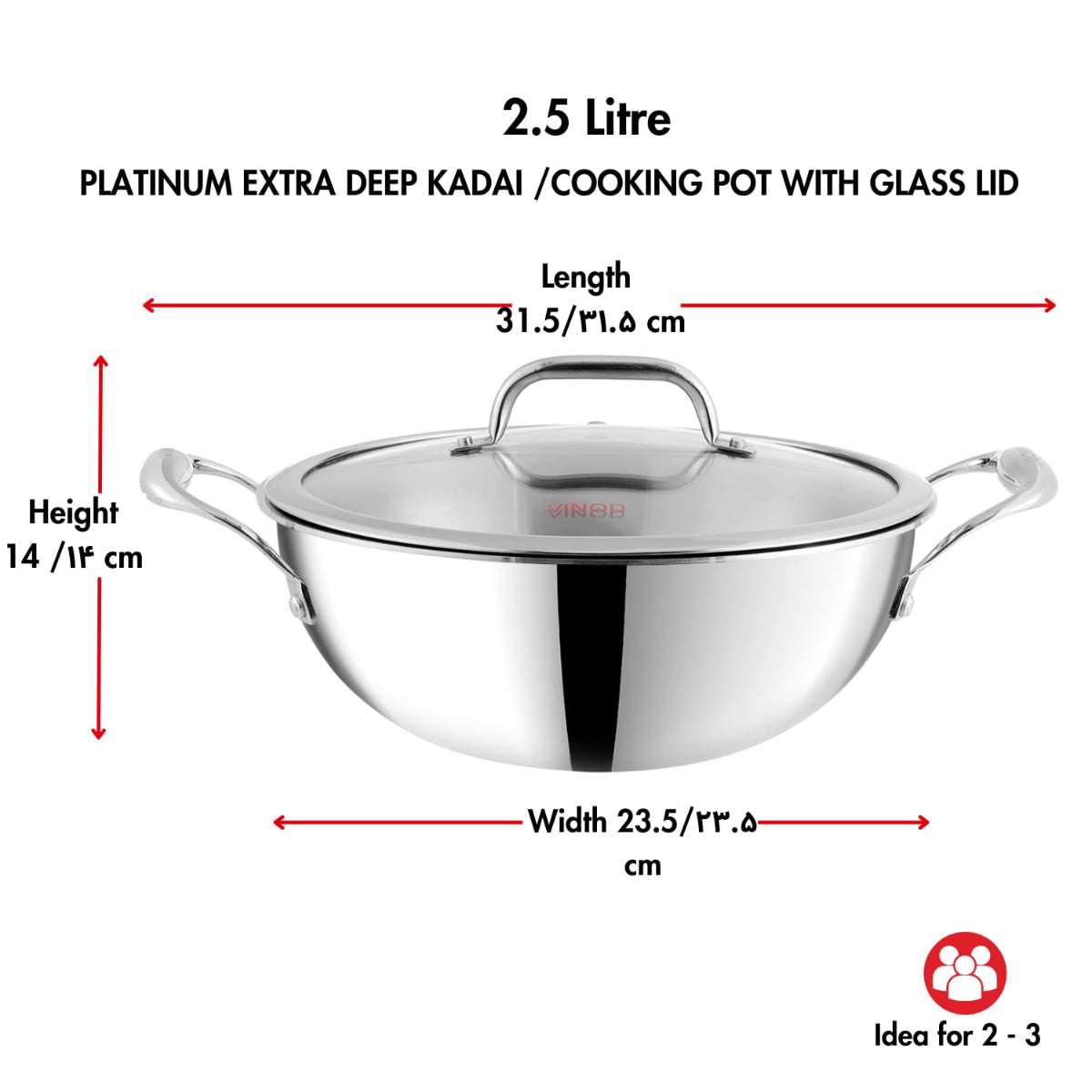 Vinod Platinum Triply Stainless Steel Extra Deep Kadhai With Glass Lid 2.5L (22 cm) Induction Base - EDPTKD22GL