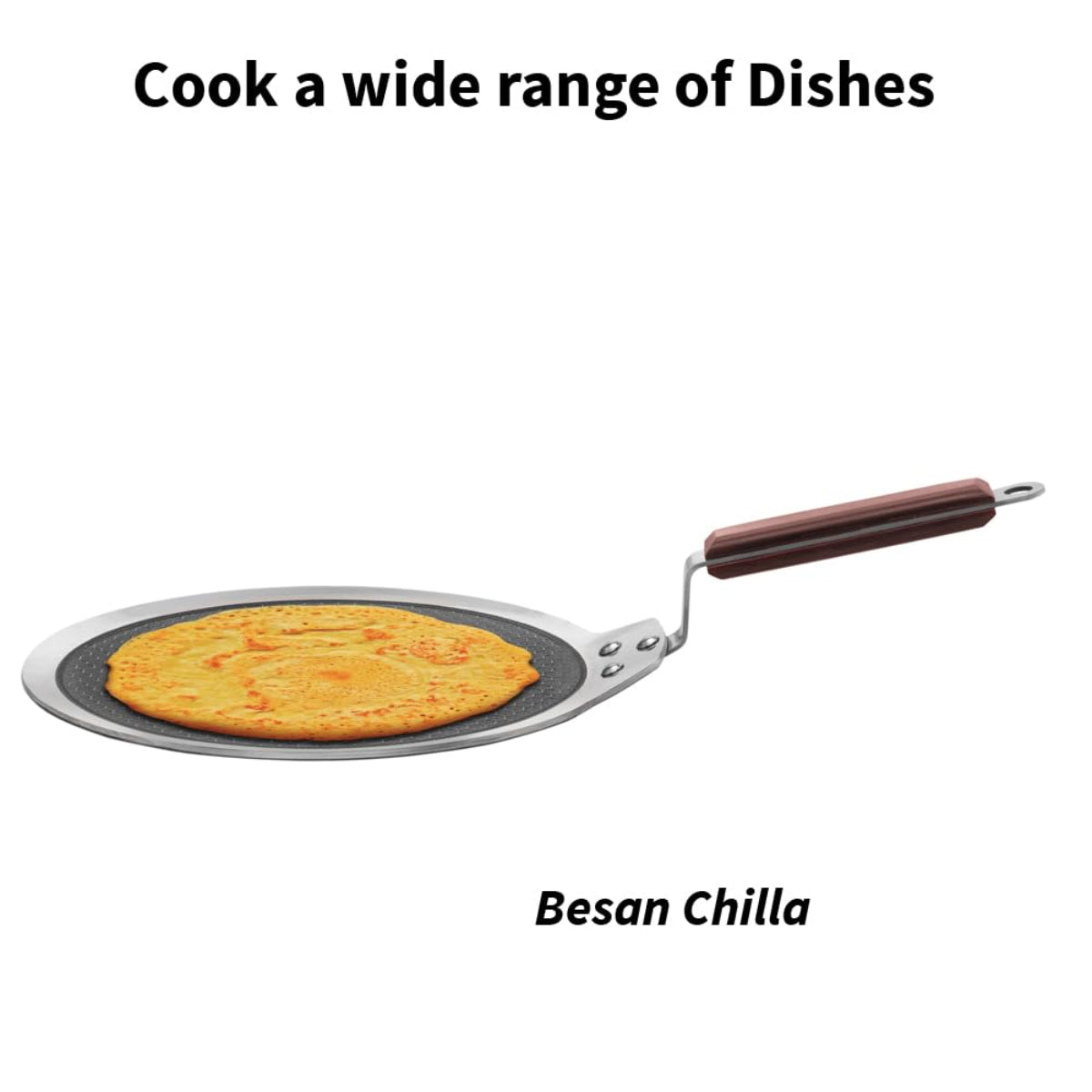 Hawkins 28 cm Dosa Tava, Triply Stainless Steel Shielded Nonstick Tawa with Wood Handle, Induction - NSDT28