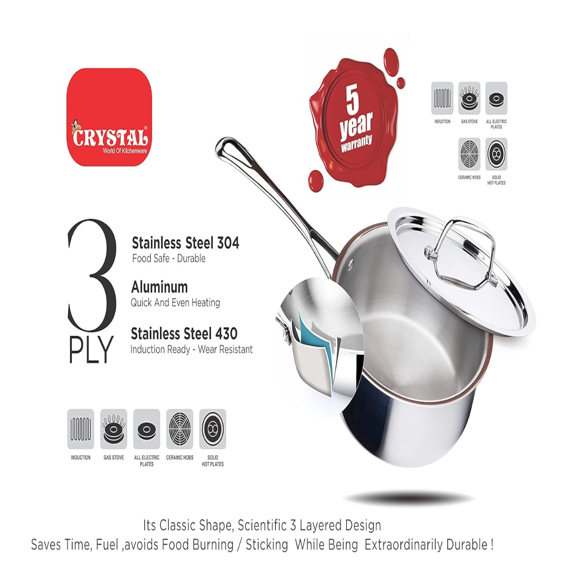 Crystal Tri Pro Triply Stainless Steel Saucepan with SS Lid 14 cm, Induction Bottom - CTP-SP-001