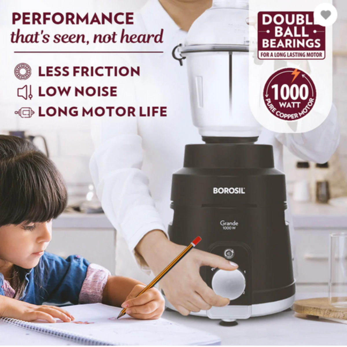Borosil Grande 1000 Watts Mixer Grinder with 3 Jars & Copper Motor - HAMG01