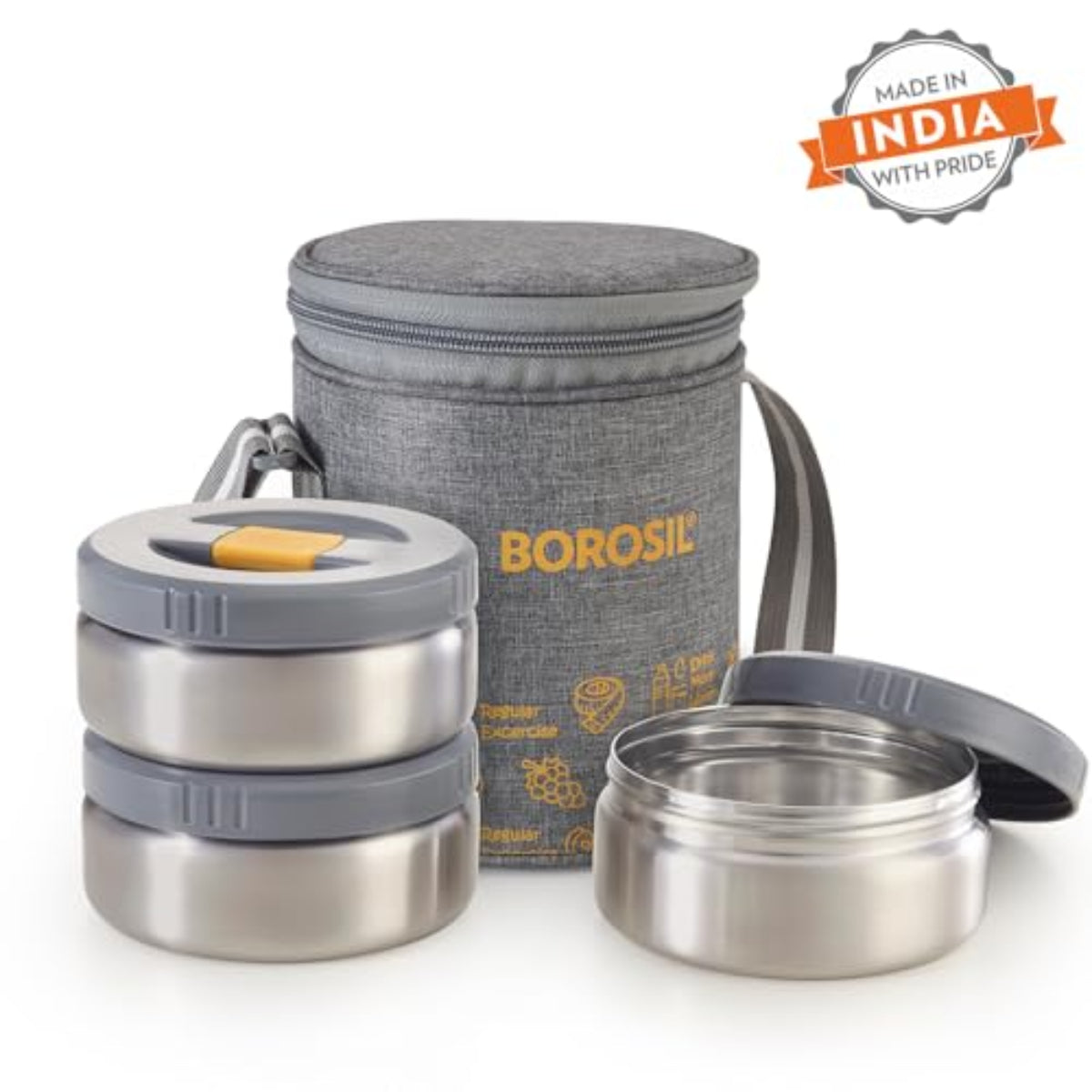 Borosil MealMate Stainless Steel Lunchbox with Bag | 3 pcs Set (370 ml Each) | Single Wall Lunch Box with Food Grade Steel | Leakproof & Dishwasher Safe | 1 Year Warranty