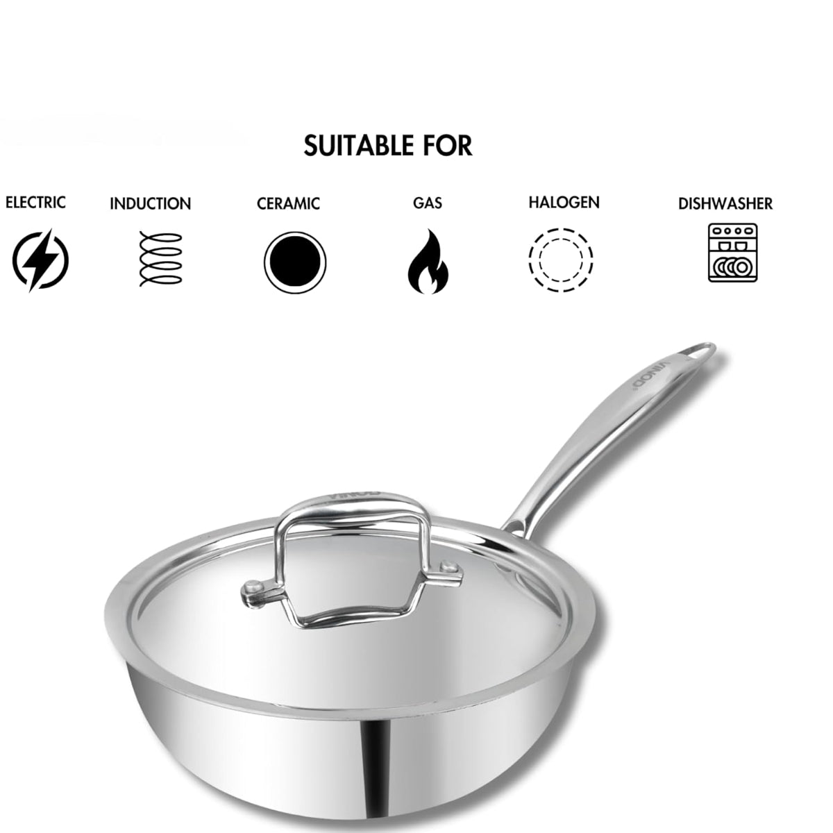 Vinod Platinum Triply Stainless Steel Deep Frypan with Stainless Steel Lid 20 cm | Induction Friendly, Silver - PTDF20
