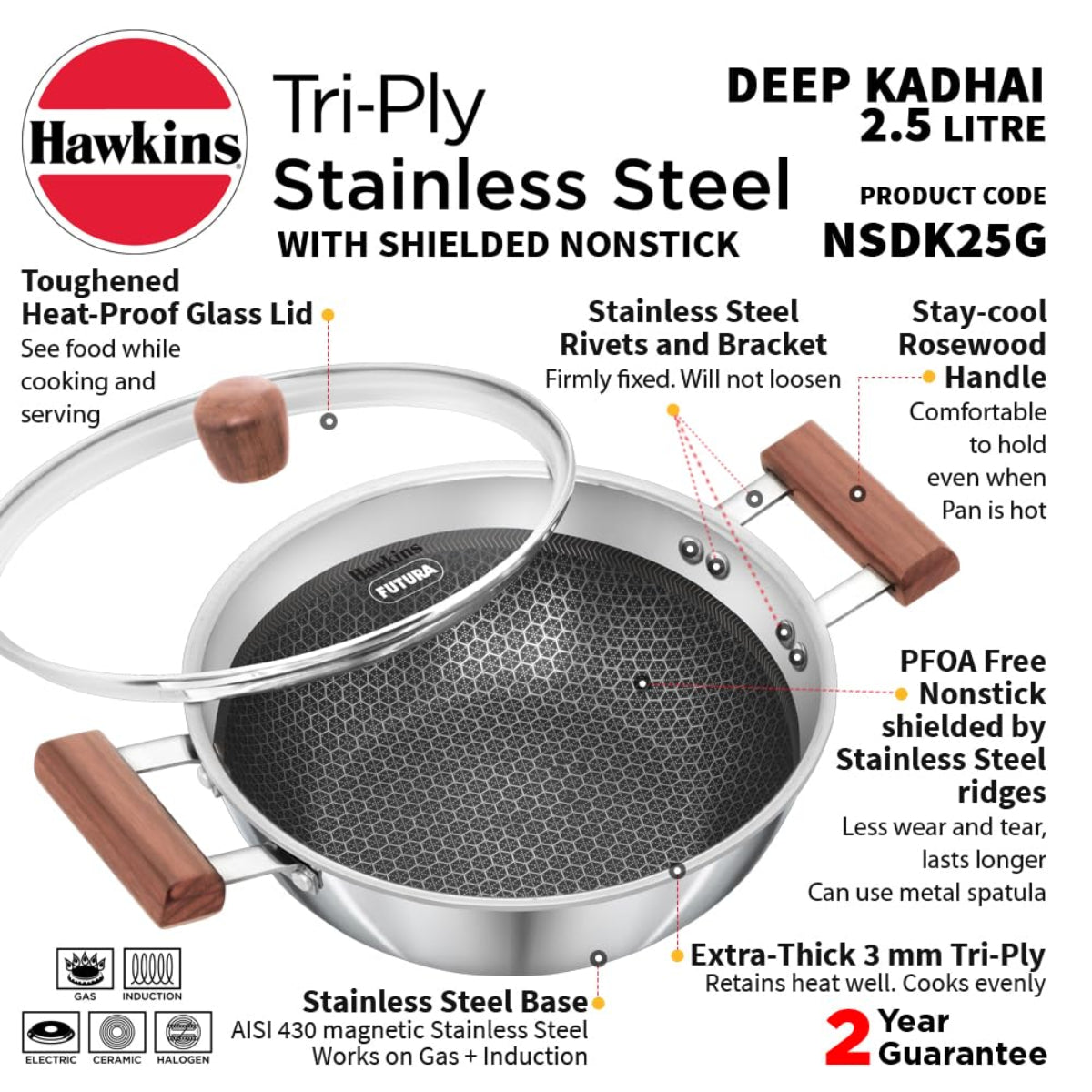 Hawkins 2.5L Triply SS Steel Shielded Nonstick Deep-Fry Pan with Glass Lid & Wooden Handle, Induction - NSDK25G