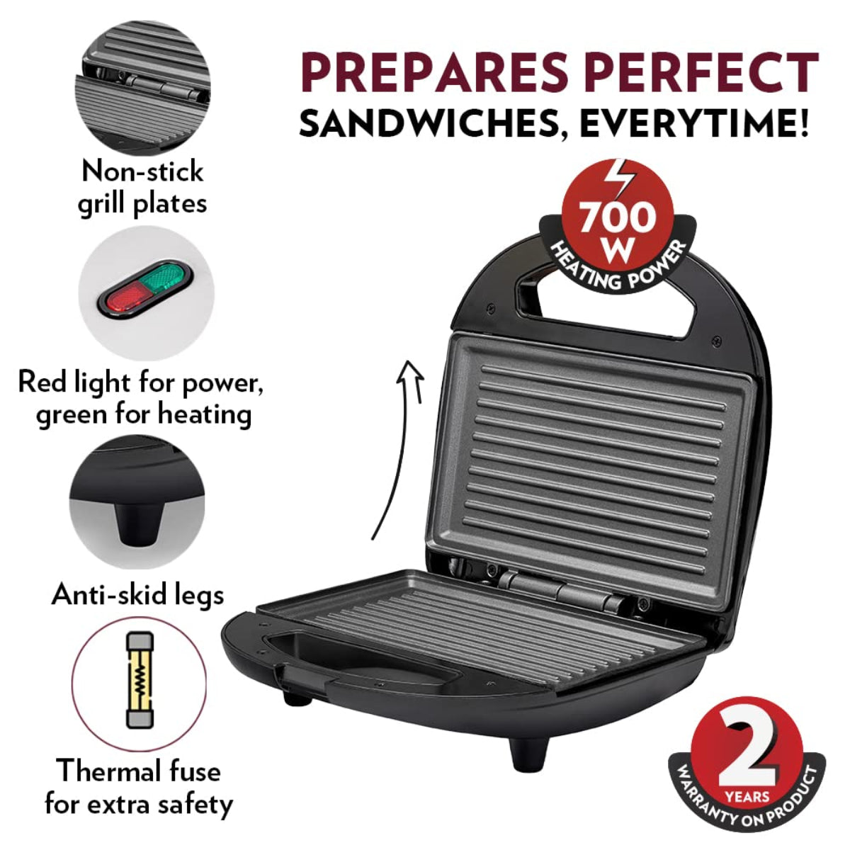 Borosil 700 Watts Neo Grill Sandwich Maker | Opens 90° , 2 Sandwich - BSM70NDG13