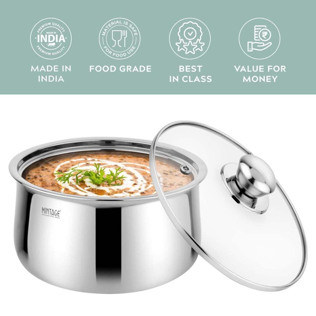 Mintage Stainless Steel Casserole (Riva) With Glass Lid 2200 ml (Medium) - CRG-22
