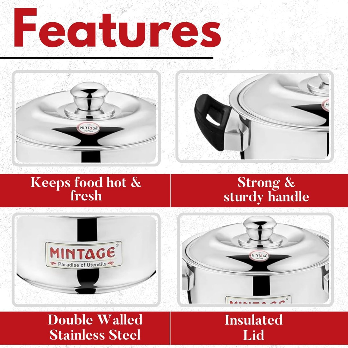 Mintage Stainless Steel Casserole Divine With Handle and Lid - 2200 ml - CDV-22