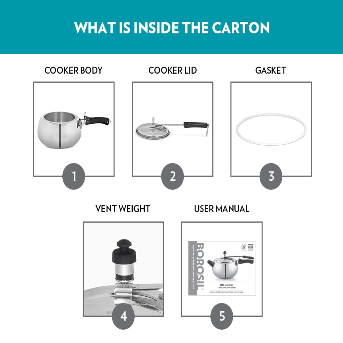 Borosil Pronto Stainless Steel 3 Liter Pressure Cooker, Induction - CFPC3LSH03S