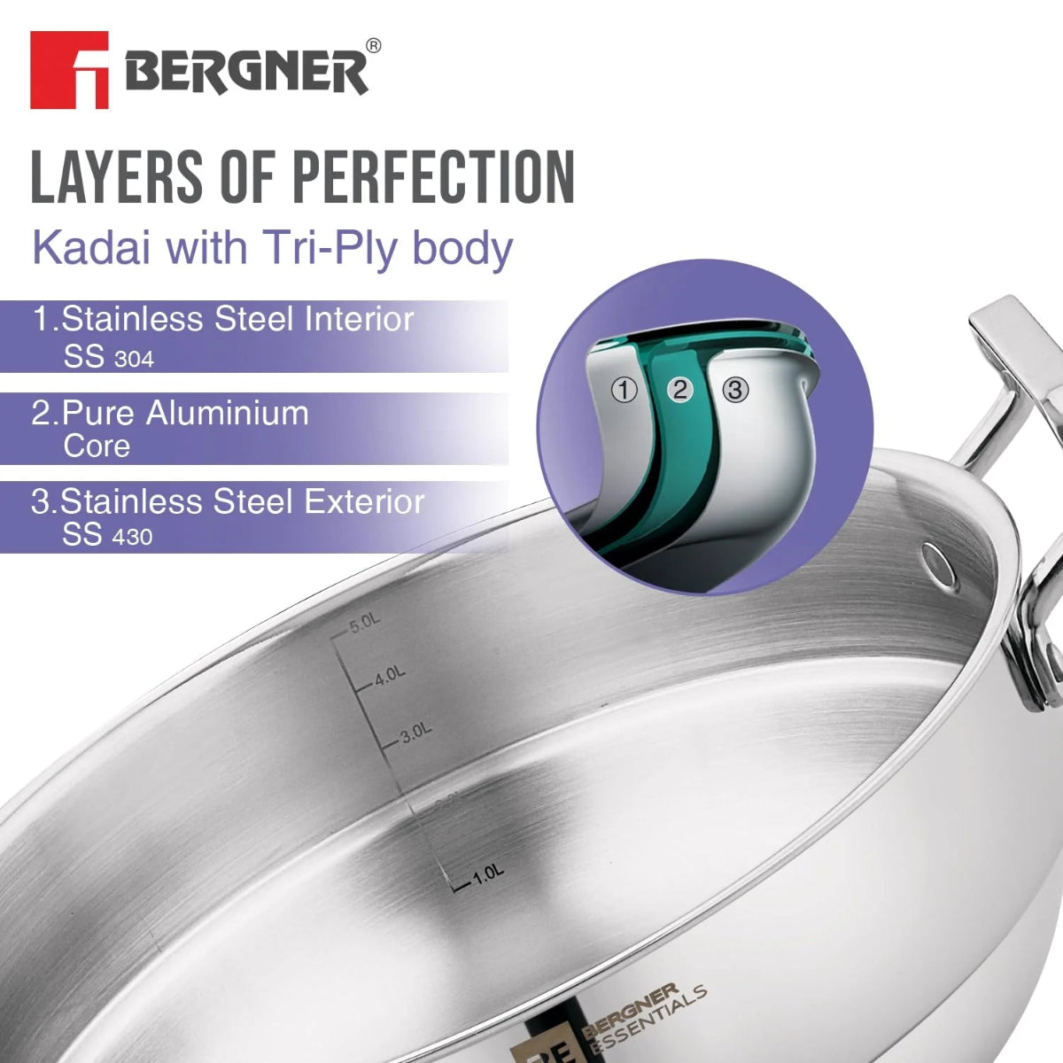 Bergner Essentials Triply Stainless Steel 27cm Multi Kadhai with 6 Plates - Induction Compatible - 6308