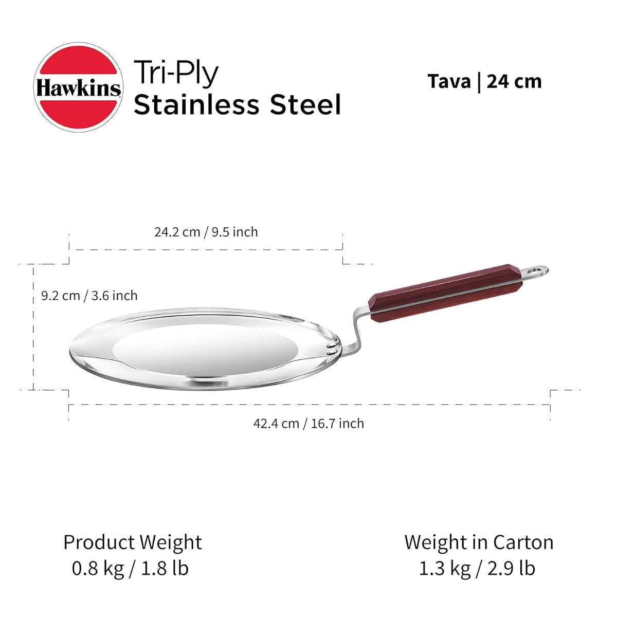 Hawkins 24 cm Triply Stainless Steel Tava with Wooden Handle, Induction Tawa - SSTV24