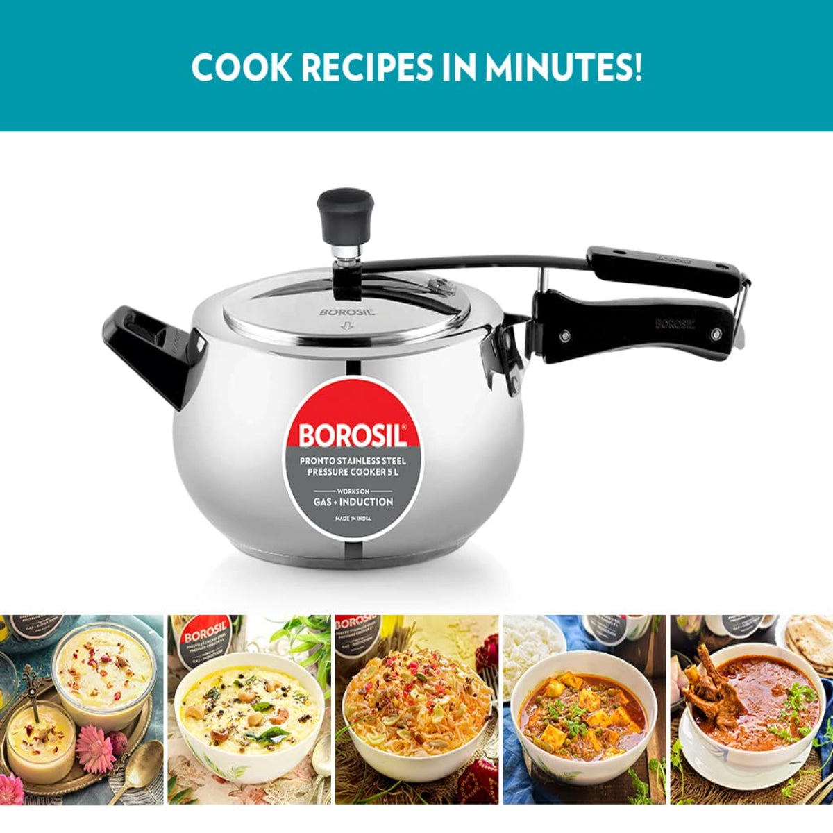 Borosil Pronto Stainless Steel 5 Liter Pressure Cooker, Induction - CFPC5LSH04S