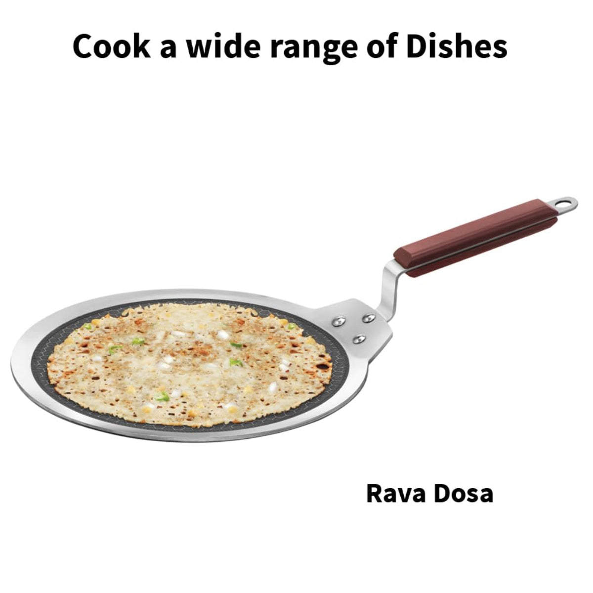 Hawkins 28 cm Dosa Tava, Triply Stainless Steel Shielded Nonstick Tawa with Wood Handle, Induction - NSDT28