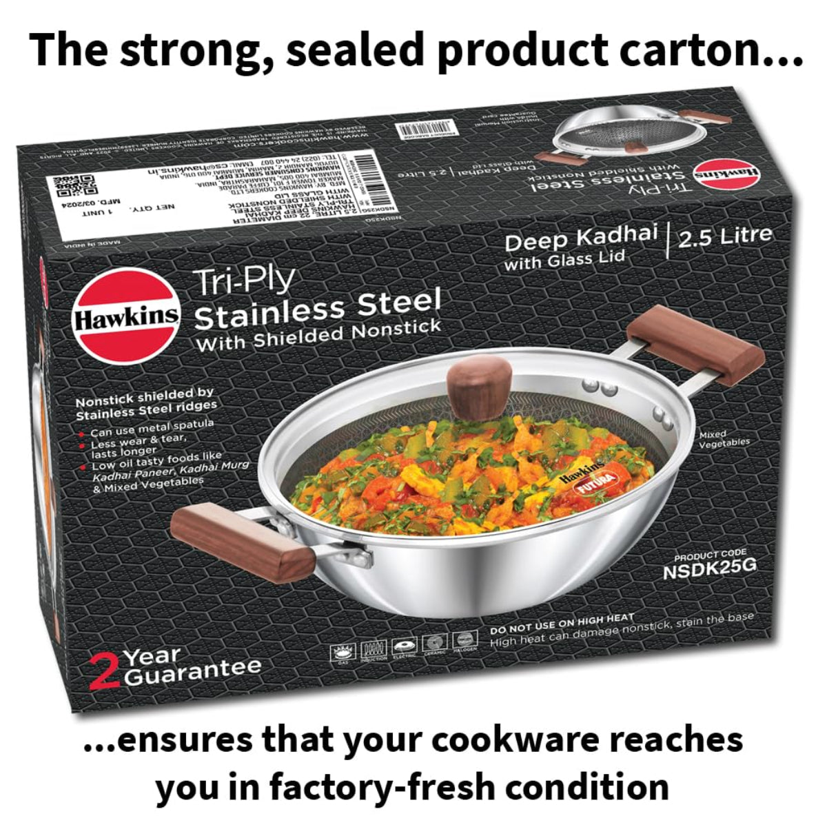 Hawkins 2.5L Triply SS Steel Shielded Nonstick Deep-Fry Pan with Glass Lid & Wooden Handle, Induction - NSDK25G