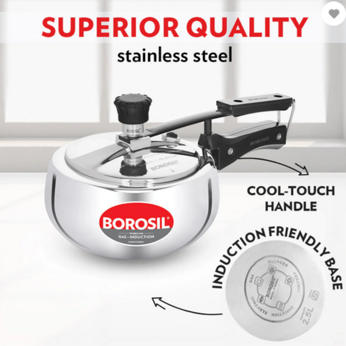 Borosil Pronto Triply Stainless Steel Inner Lid 3.5L Pressure Cooker, Induction - CFTPLYILC08