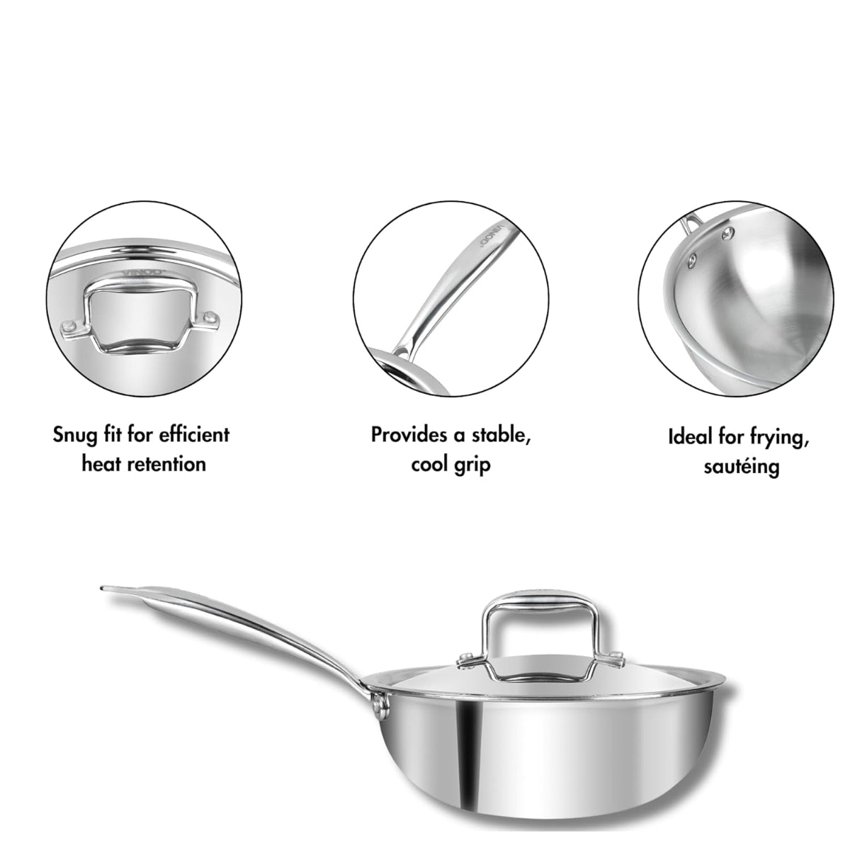 Vinod Platinum Triply Stainless Steel Deep Frypan with Stainless Steel Lid 20 cm | Induction Friendly, Silver - PTDF20