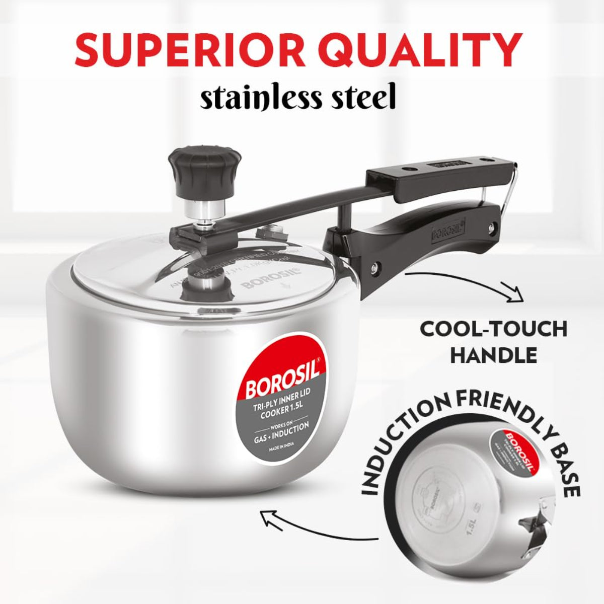 Borosil Triply Stainless Steel Inner Lid 3.5L Pressure Cooker, Induction Base - CFTPLYILC03