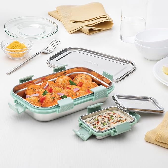 Borosil Stainless Steel Slim Lunch Box | 700 ml + 125 ml Container Set