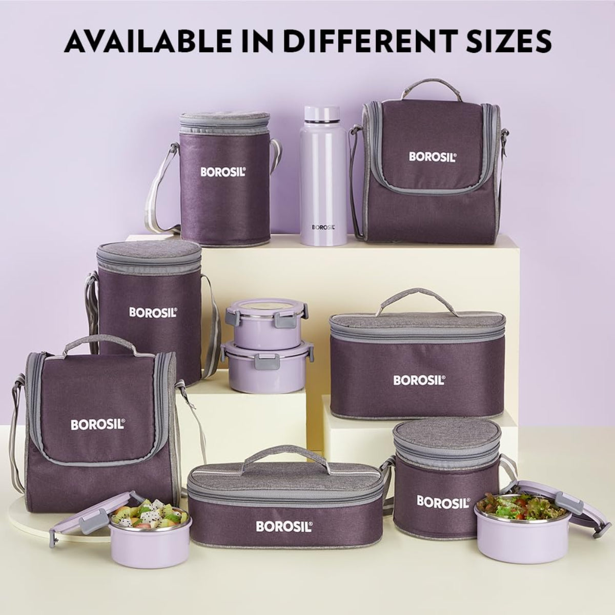 Borosil Glory Lavender Stainless Steel Lunchbox with Bag | 3 pcs Round Container Set (280ml Each) | Microwavable Tiffin with Food Grade Steel | Leakproof & Dishwasher Safe | 1 Year Warranty